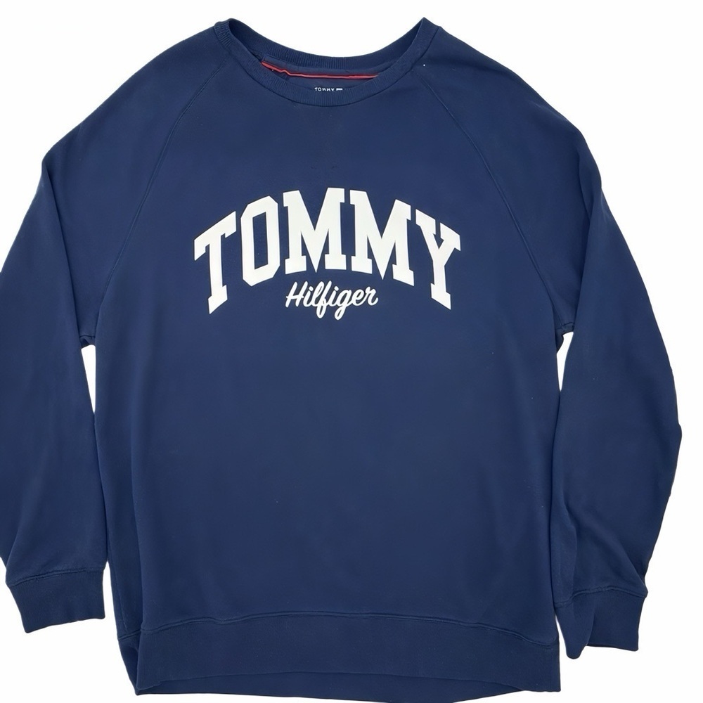 Tommy Hilfiger Navy Varsity Logo Crewneck Sweatshirt Sleepwear Mens Size MFleece - Picture 2 of 6